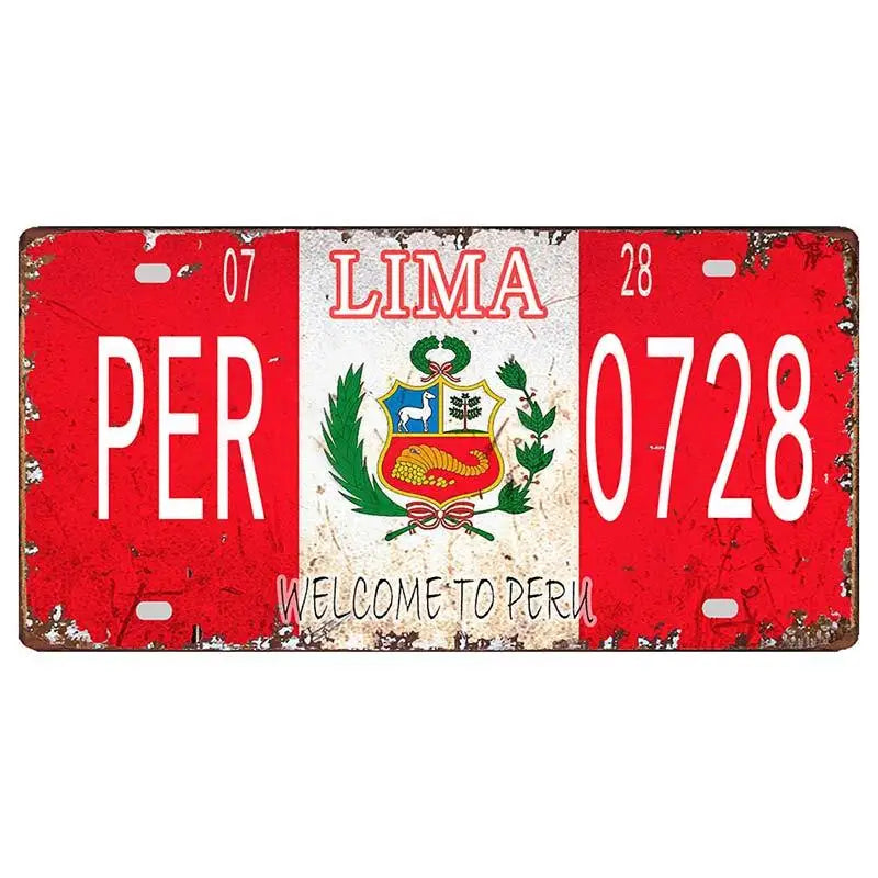 Peru Lima Cusco Car License Metal Pate Tin Sign Retro Rusted Art Craft Wall Poster Decor