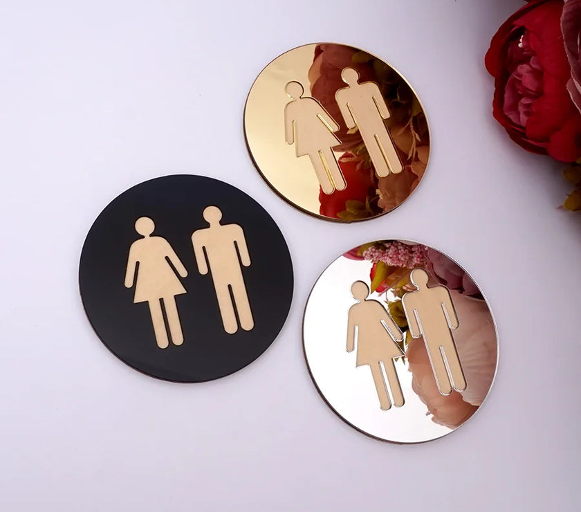 5mm 3D Acrylic Mirror Round Toilet Door Sign Bathroom WC Black Gold Silver Modern Wood Base Wall Sticker Home Decor