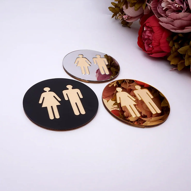 5mm 3D Acrylic Mirror Round Toilet Door Sign Bathroom WC Black Gold Silver Modern Wood Base Wall Sticker Home Decor