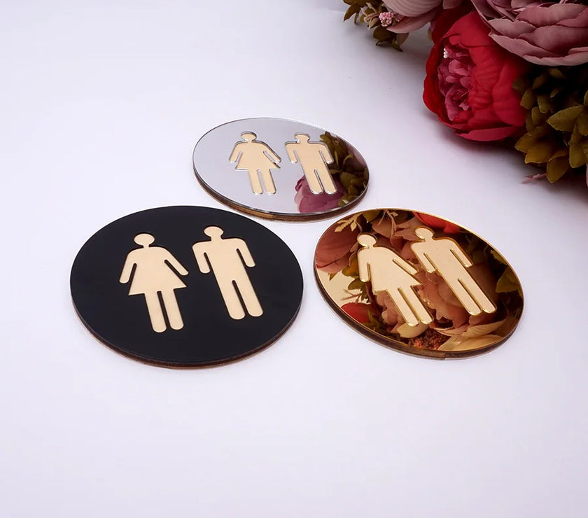 5mm 3D Acrylic Mirror Round Toilet Door Sign Bathroom WC Black Gold Silver Modern Wood Base Wall Sticker Home Decor