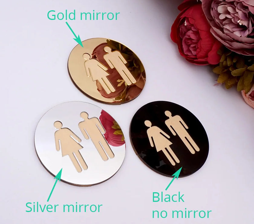 5mm 3D Acrylic Mirror Round Toilet Door Sign Bathroom WC Black Gold Silver Modern Wood Base Wall Sticker Home Decor