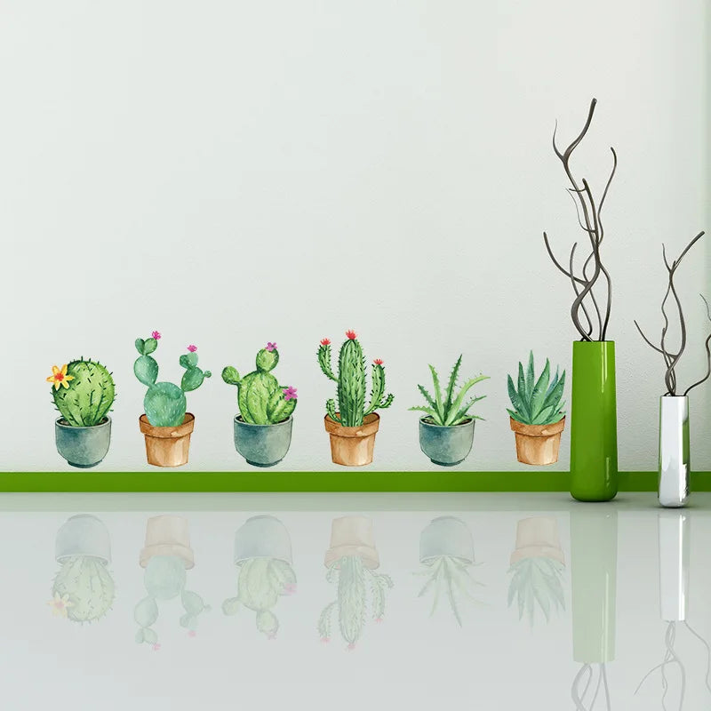 Green Gardenshop green garden plant cactus potted flower pot set 3d diy wall decals Plant Cactus Potted Flower Pot Set 3D DIY Wall Decals/Adhesive Family Wall Sticker Mural Art Bathroom stairs Decor