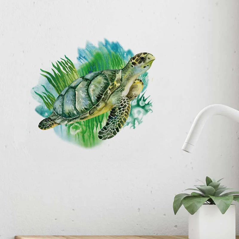 Seaweed Sea Turtle Wall Sticker Bathroom Living Room Background Decorations Wallpaper Creative Animals Self Adhesive Stickers