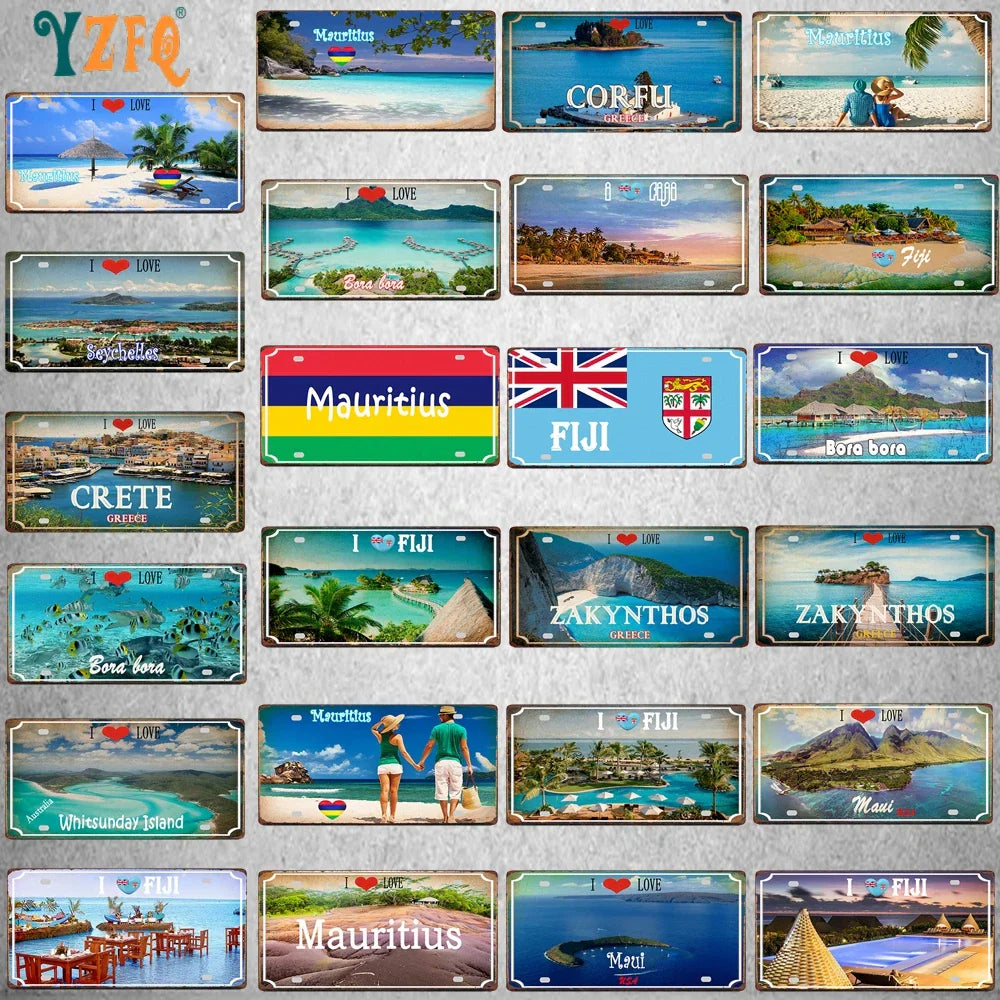 【YZFQ】Mauritius Flag Metal Retro Signs FIJI Corfu Island Zakynthos Travel Souvenir For Wall Home Vintage Decor 30X15CM  DC-1440B