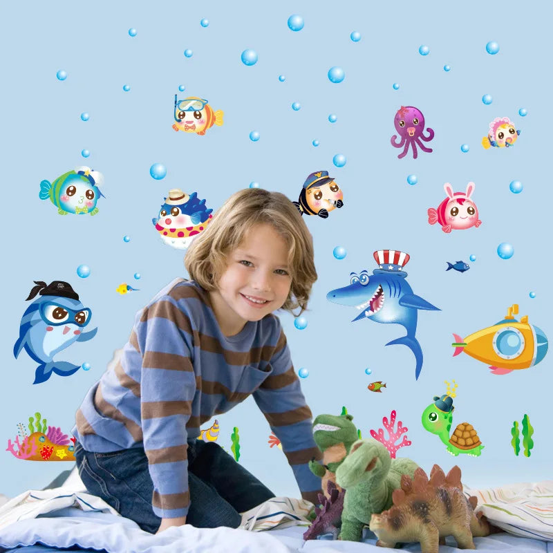 blue Sea Fish Bubble Wall Sticker Cartoon For Kids Rooms Bathroom Home Decoration murals