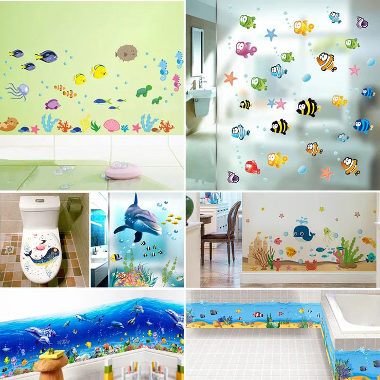 Cartoon Fish Sealife Wall Stickers for Kids Room Bathroom Home Decoration Waterproof Animal Baseboard Mural Art Diy Toilet Decal