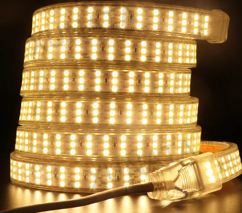 Row 220V Power SMD2835 Waterproof LED Ribbon Rope Lights Home Decoration Lighting Warm White