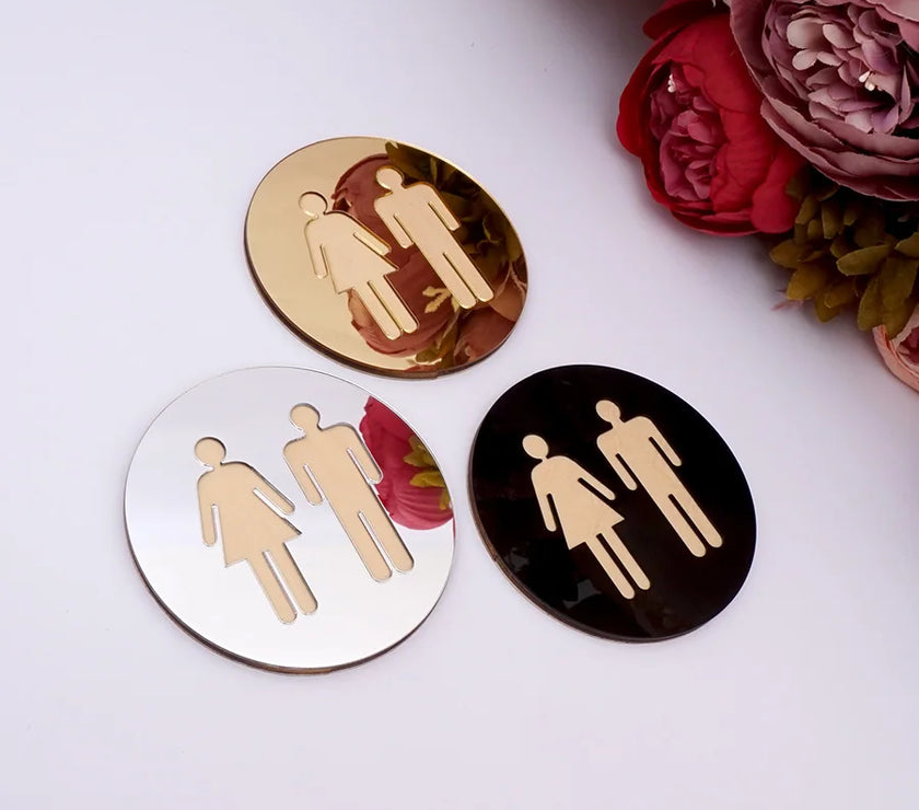 5mm 3D Acrylic Mirror Round Toilet Door Sign Bathroom WC Black Gold Silver Modern Wood Base Wall Sticker Home Decor