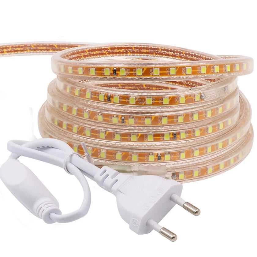 Row 220V Power SMD2835 Waterproof LED Ribbon Rope Lights Home Decoration Lighting Warm White