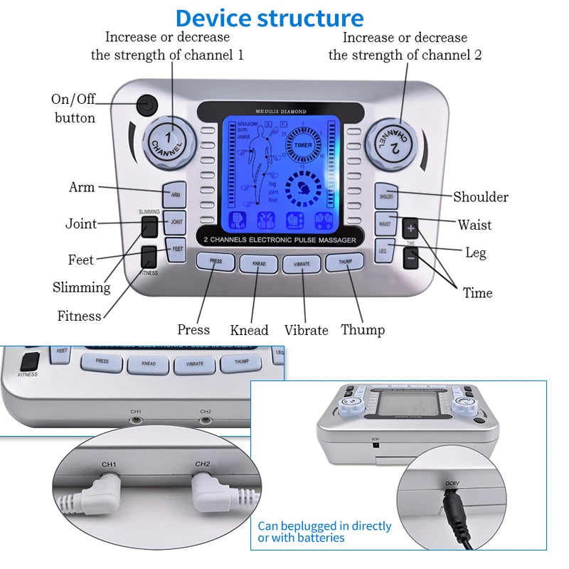 Electric Pulse Massager Tens EMS Muscle Stimulator 12Modes Digital Therapy Machine Massager Pain Relief Tool Health Care Machine