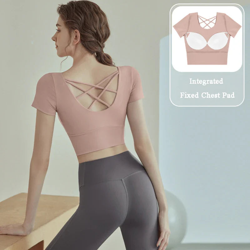 Cup Sports Crop Tops Gym Top Pilates Workout Top Fitness Active Wear Crisscross Back Shirt