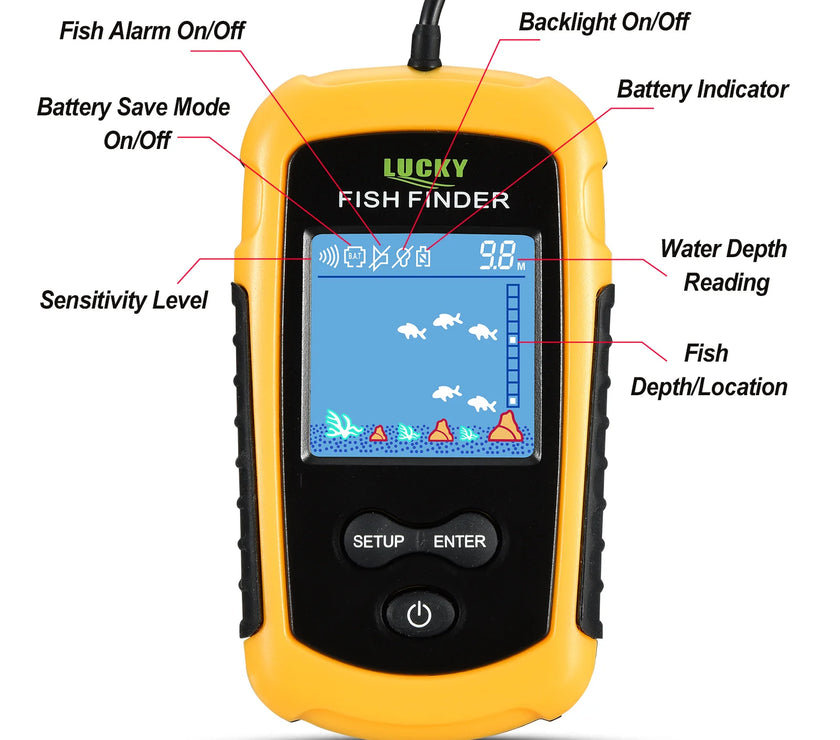 FFC1108-1 Alarm 100M Portable Sonar Fish Finders 45 degrees Sonar Coverage Echo Sounder Alarm Transducer Lake Sea Fishing