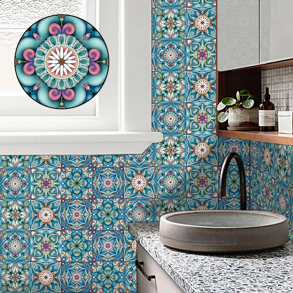 Colorful Mandala Style Tiles Floor Sticker Kitchen Bathroom Ground Home Decor Wear-resistant Waterproof Frosted Art Wallpaper