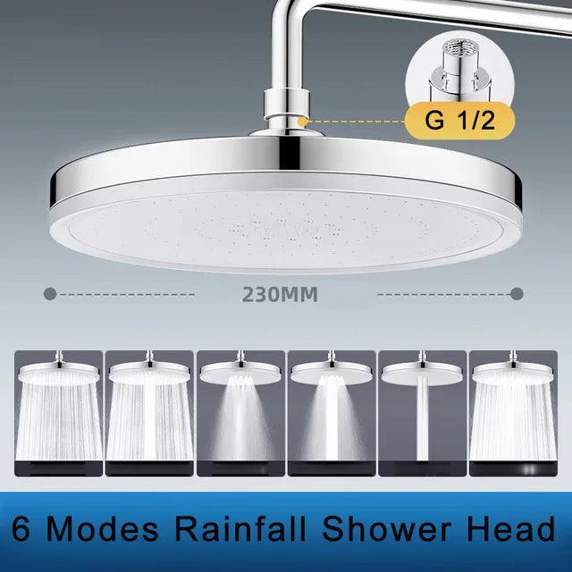 6 Modes Big Panel Large Flow Supercharge Rainfall Shower Head High Pressure Top Rain Shower Faucet Bathroom Accessories