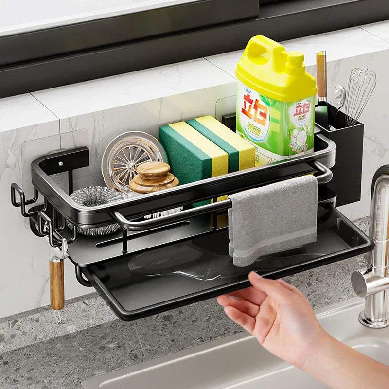 Space Aluminum Kitchen Sink Organizer Sponge Soap Storage Rack Hanging Drain Holder Basket