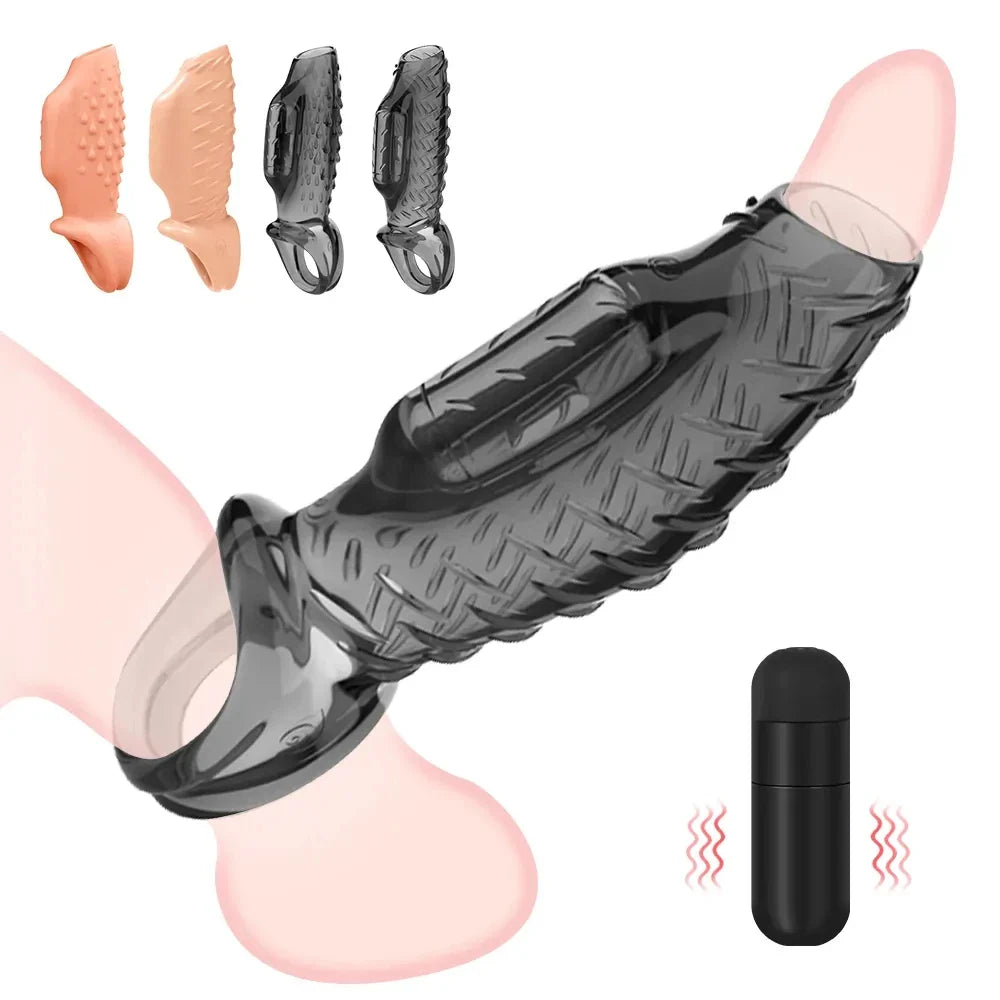 Men Couples Soft Dildo Enlargement Extender Vibrating Ring Cock Sleeve