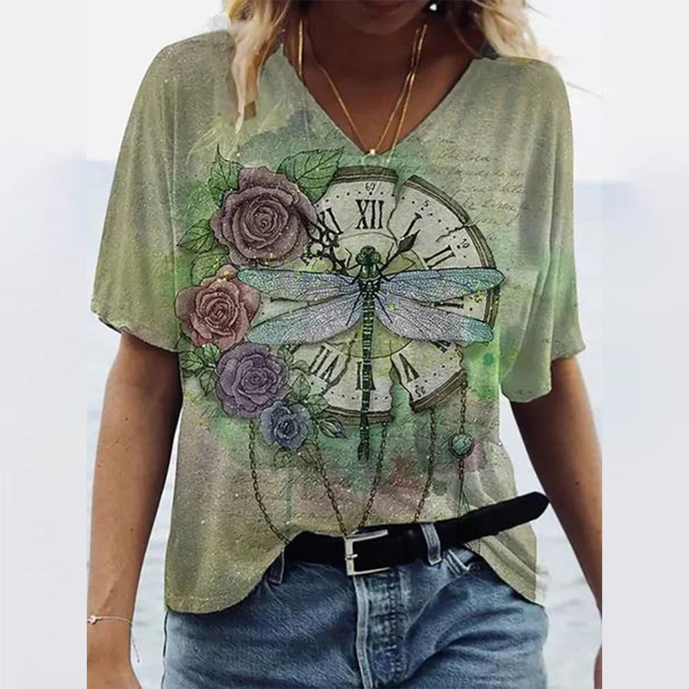 Neck Fashion Female Vintage Clothing Floral Print Tees Loose Oversized