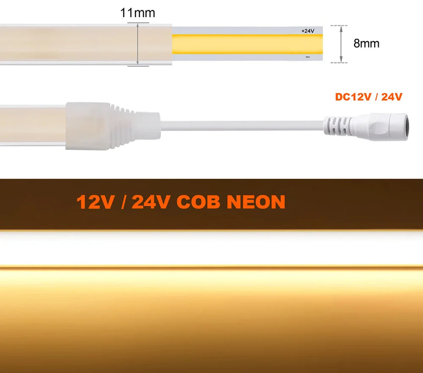 IP68 Waterproof COB LED Neon Strip Light 12V 24V Dimmable 320 LEDs Flexible Ribbon High Density Linear Lighting Home Decoration