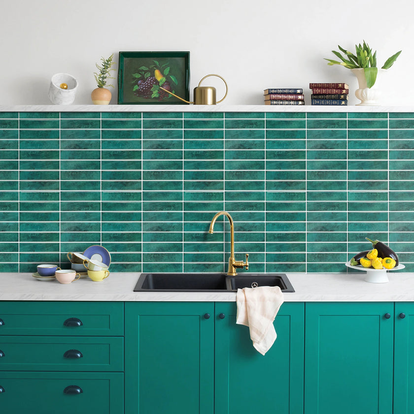 1 Sheet Adhesive Wall Wallpaper Green Tiles Peel And Stick Backsplash Waterproof Wall Stickers For Kitchen Bathroom Room Decor