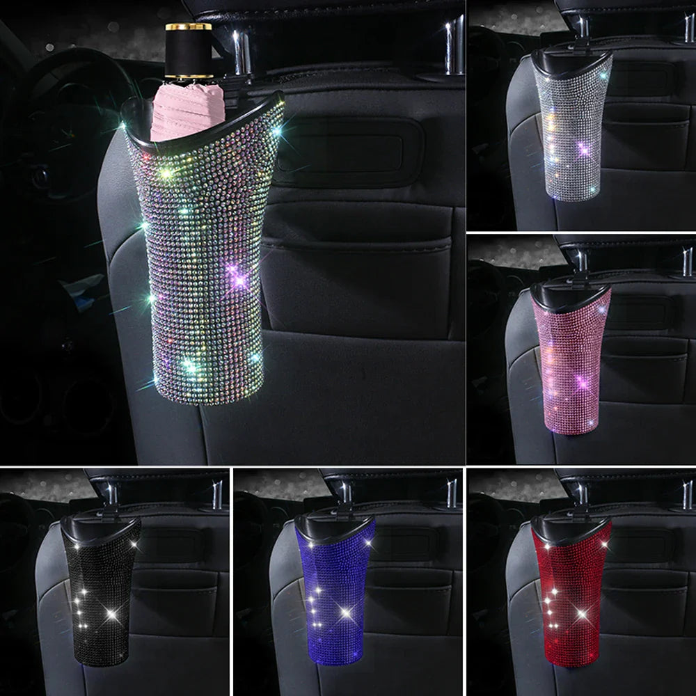 Bling Diamond Car Umbrella Storage Box Multifunctional Organizer Barrel Auto Folding Hanging Water Bottles Rack Umbrella Bucket