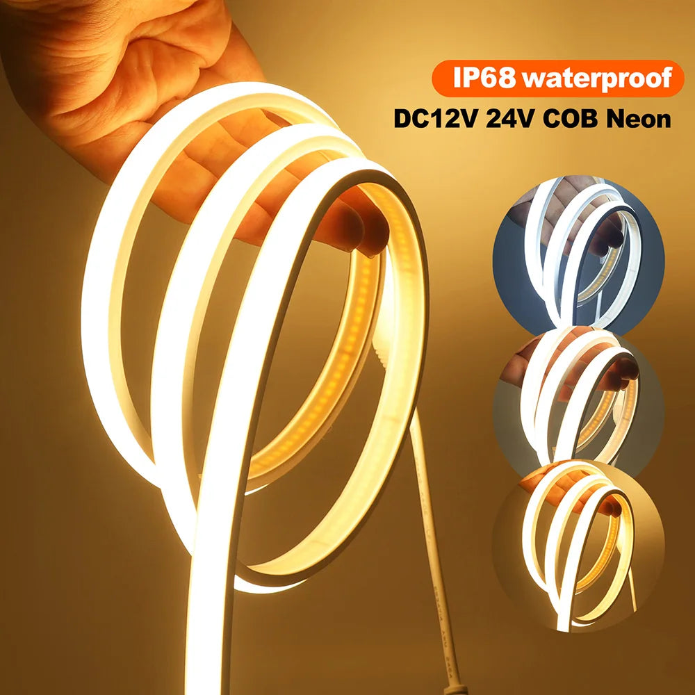 IP68 Waterproof COB LED Neon Strip Light 12V 24V Dimmable 320 LEDs Flexible Ribbon High Density Linear Lighting Home Decoration