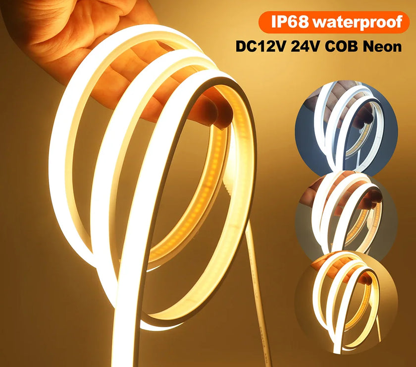 IP68 Waterproof COB LED Neon Strip Light 12V 24V Dimmable 320 LEDs Flexible Ribbon High Density Linear Lighting Home Decoration