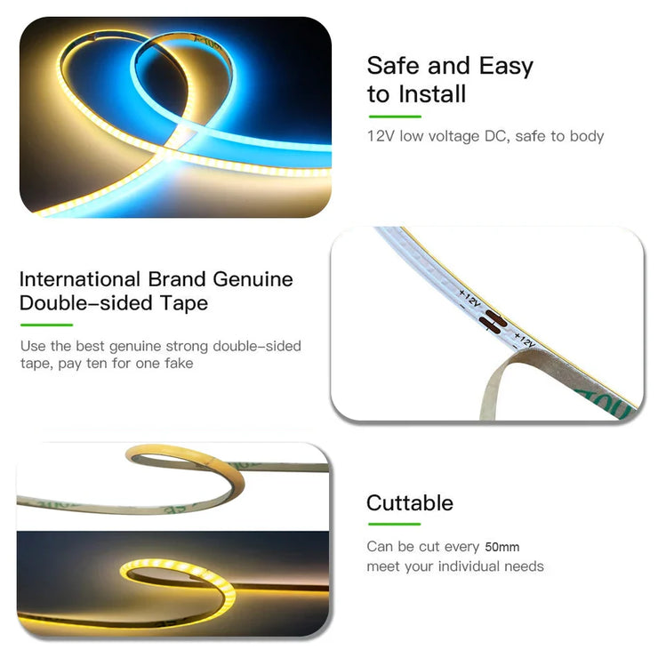 3mm Ultra Thin DC 12V Colorful COB LED Strip Lights 384LEDs/