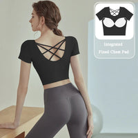 Cup Sports Crop Tops Gym Top Pilates Workout Top Fitness Active Wear Crisscross Back Shirt