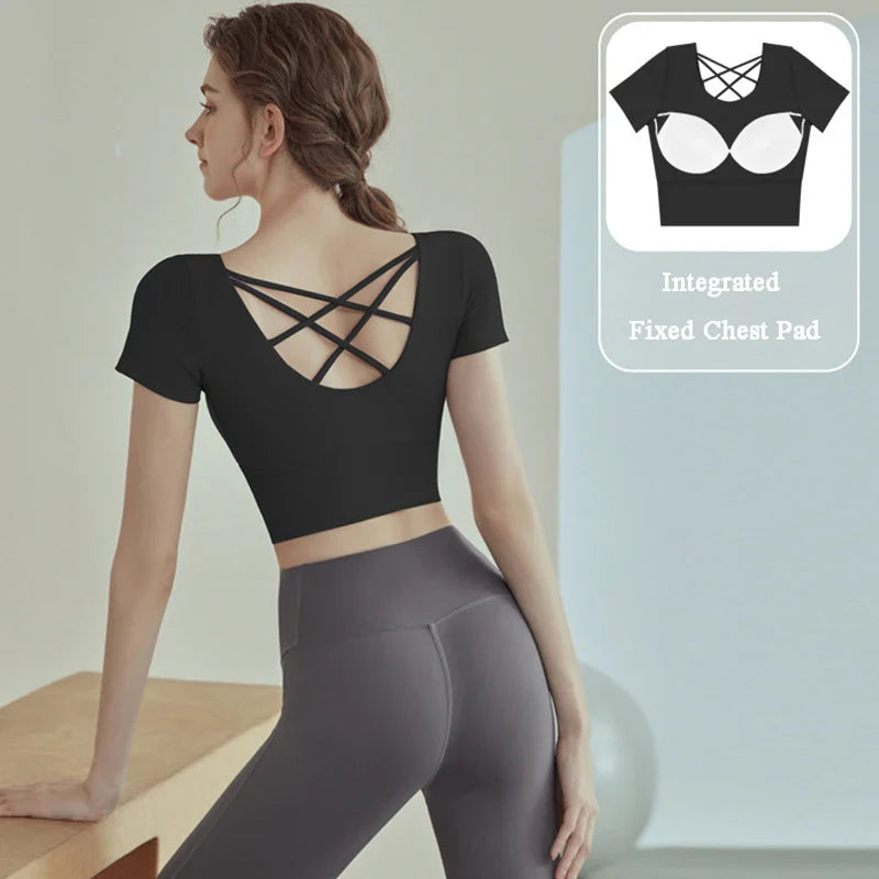 Cup Sports Crop Tops Gym Top Pilates Workout Top Fitness Active Wear Crisscross Back Shirt