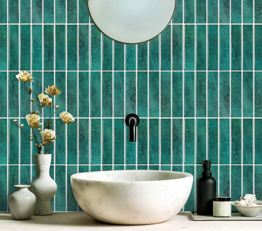 1 Sheet Adhesive Wall Wallpaper Green Tiles Peel And Stick Backsplash Waterproof Wall Stickers For Kitchen Bathroom Room Decor
