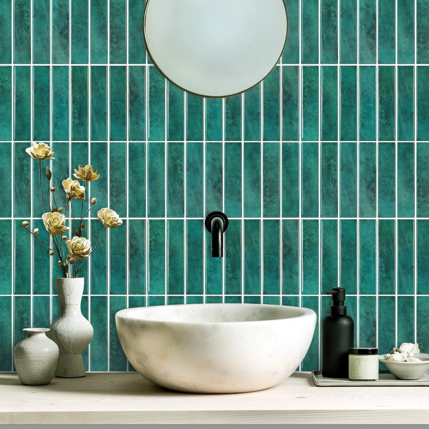 1 Sheet Adhesive Wall Wallpaper Green Tiles Peel And Stick Backsplash Waterproof Wall Stickers For Kitchen Bathroom Room Decor
