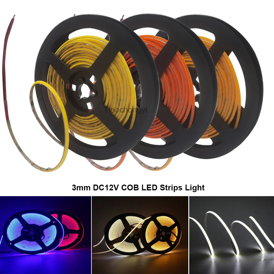 3mm Ultra Thin DC 12V Colorful COB LED Strip Lights 384LEDs/