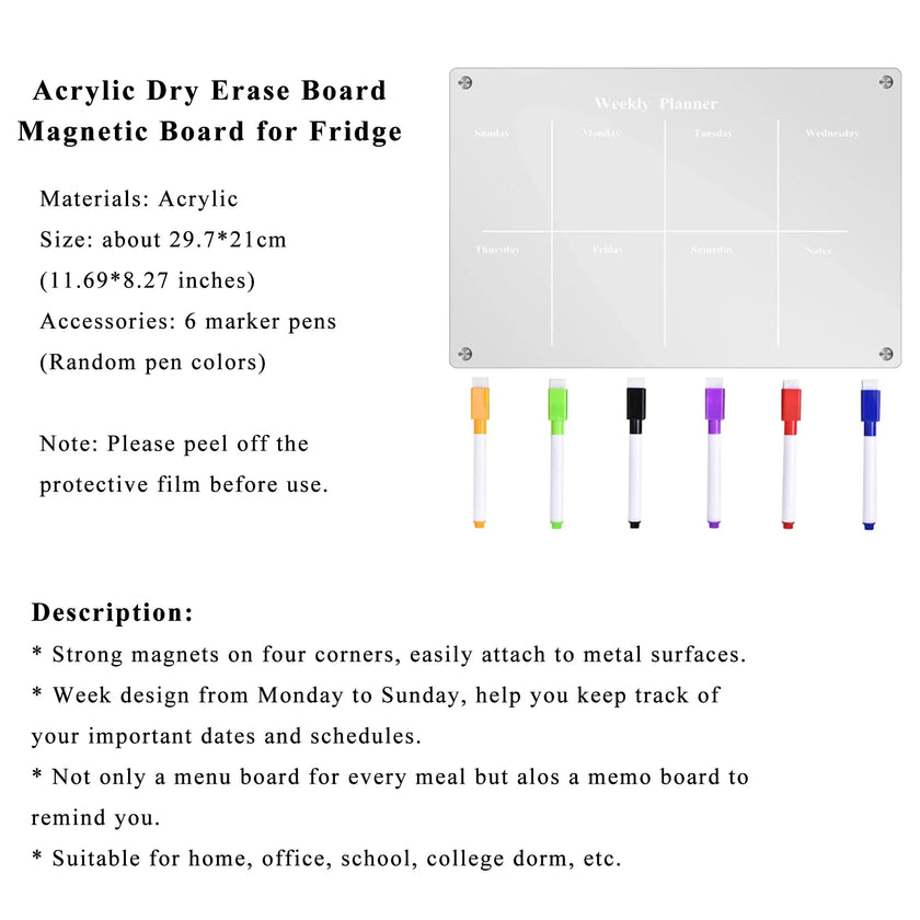 Fridge Blank Calendar Memo Board Dry Erase Calendar 6 Markers & Eraser