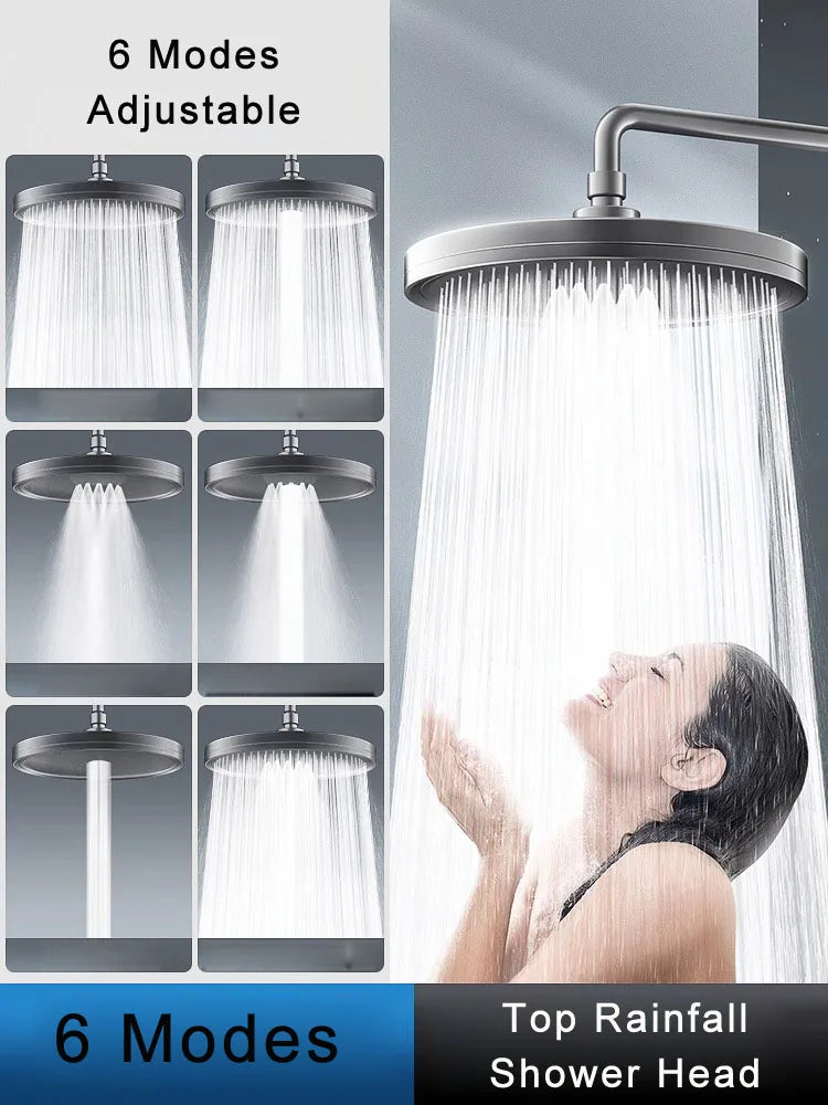 6 Modes Big Panel Large Flow Supercharge Rainfall Shower Head High Pressure Top Rain Shower Faucet Bathroom Accessories