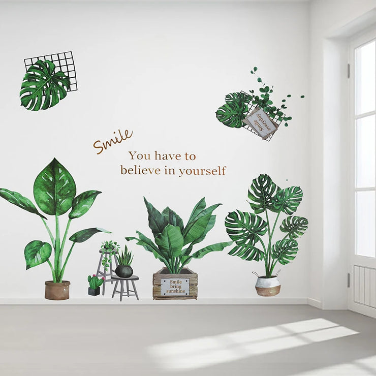 Removable Tropical Leaves Flowers Wall Stickers Home Living Room Decorative Green Leaves Plants DIY Sticker Wallpaper Supplies 7