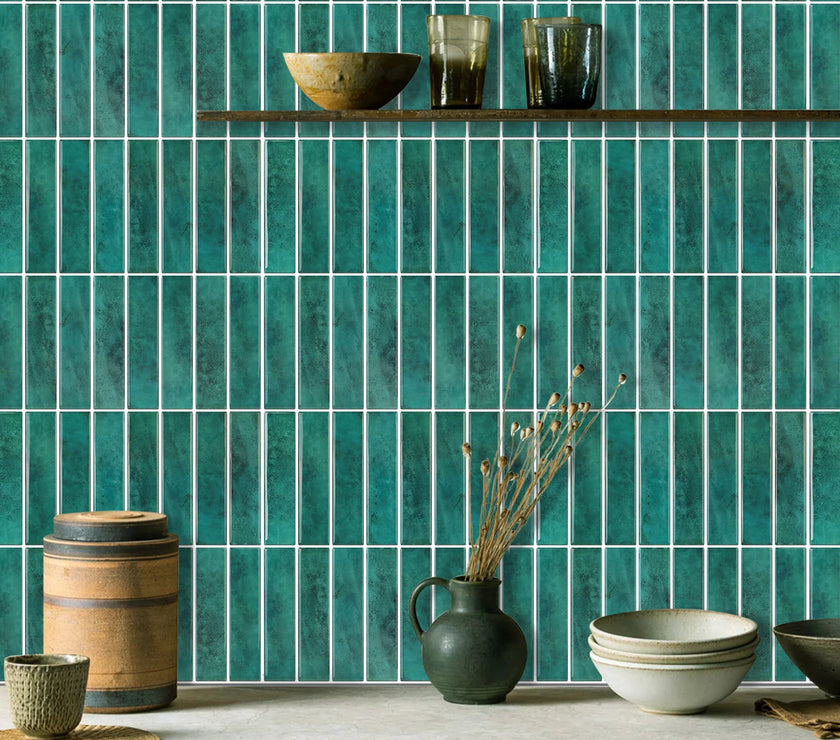 1 Sheet Adhesive Wall Wallpaper Green Tiles Peel And Stick Backsplash Waterproof Wall Stickers For Kitchen Bathroom Room Decor