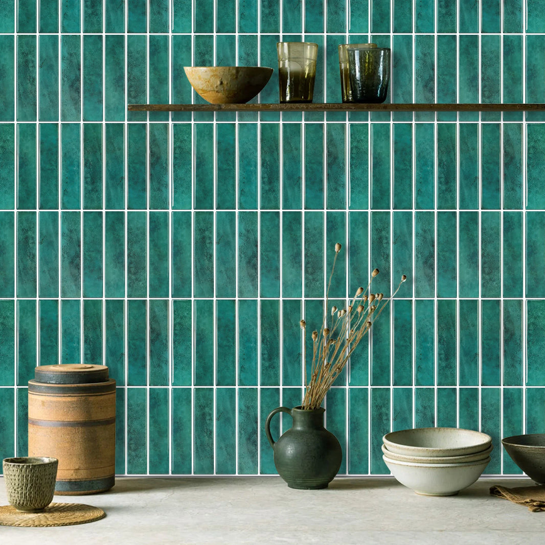 1 Sheet Adhesive Wall Wallpaper Green Tiles Peel And Stick Backsplash Waterproof Wall Stickers For Kitchen Bathroom Room Decor