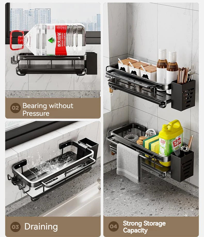 Space Aluminum Kitchen Sink Organizer Sponge Soap Storage Rack Hanging Drain Holder Basket