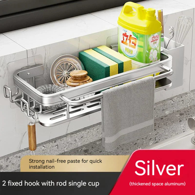 Space Aluminum Kitchen Sink Organizer Sponge Soap Storage Rack Hanging Drain Holder Basket