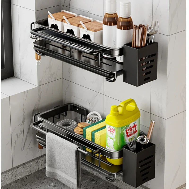 Space Aluminum Kitchen Sink Organizer Sponge Soap Storage Rack Hanging Drain Holder Basket