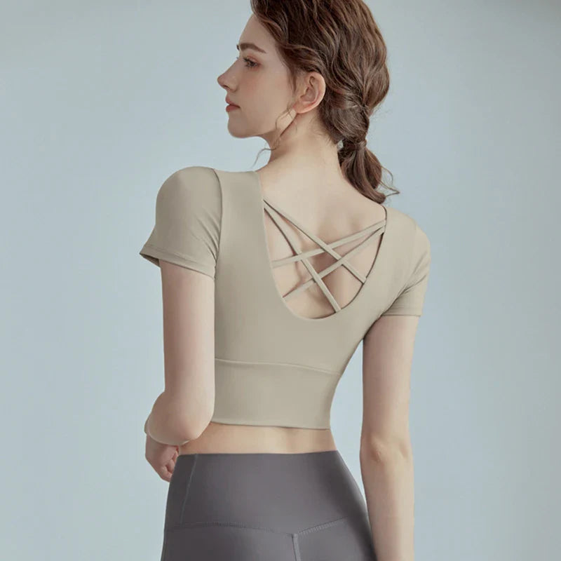 Cup Sports Crop Tops Gym Top Pilates Workout Top Fitness Active Wear Crisscross Back Shirt