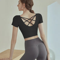 Cup Sports Crop Tops Gym Top Pilates Workout Top Fitness Active Wear Crisscross Back Shirt