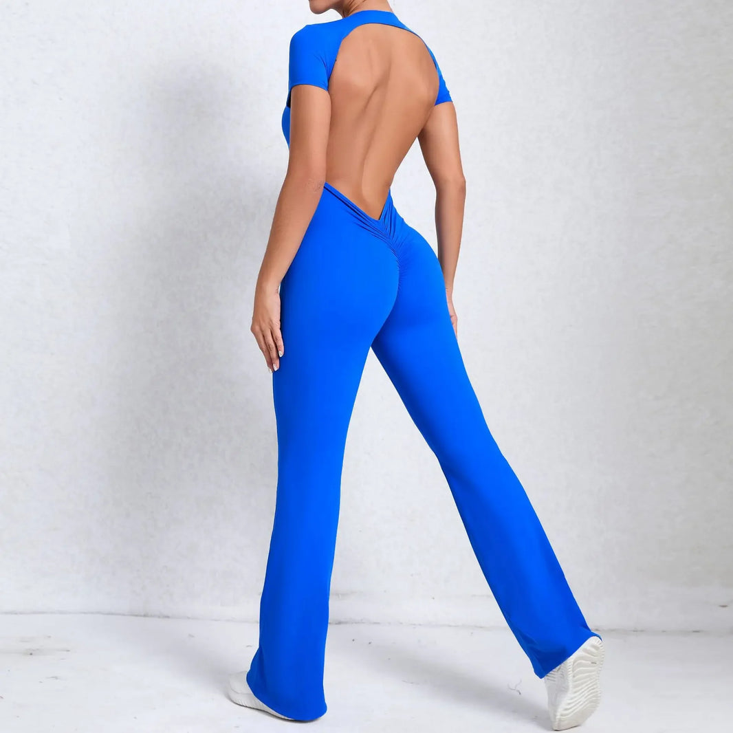 Seamless Yoga Jumpsuits Sports Fitness Hip-lifting Backless Short-Sleeved Nude Feel Horn Leggings One-Piece Tracksuits for Women