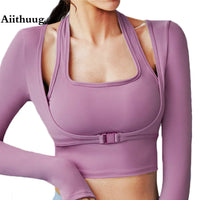 Aiithuug Padded Gym Shirts Long Sleeve Women Yoga Shirts Fake Two Pieces Fitness Tops with Underbust Fastener Sexy Workout Top