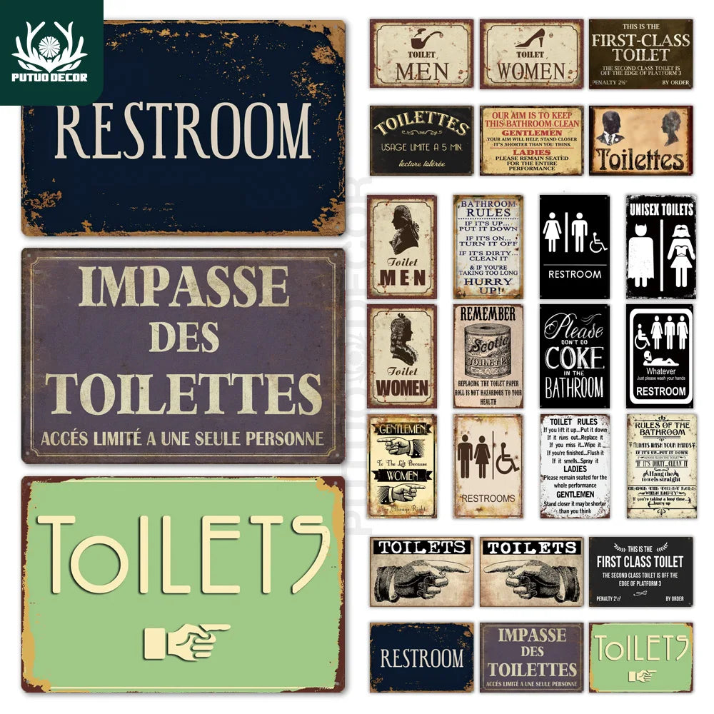 Putuo Decor Toilet Sign Plaque Metal Vintage Bathroom Retro Tin Signs Wall Art Plate for Home Restroom House Iron Painting