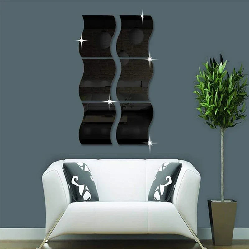 Adhesive Acrylic Mirror Wall Sticker DIY Art Mirror Creative Wave Shape Bathroom Living Room Decor