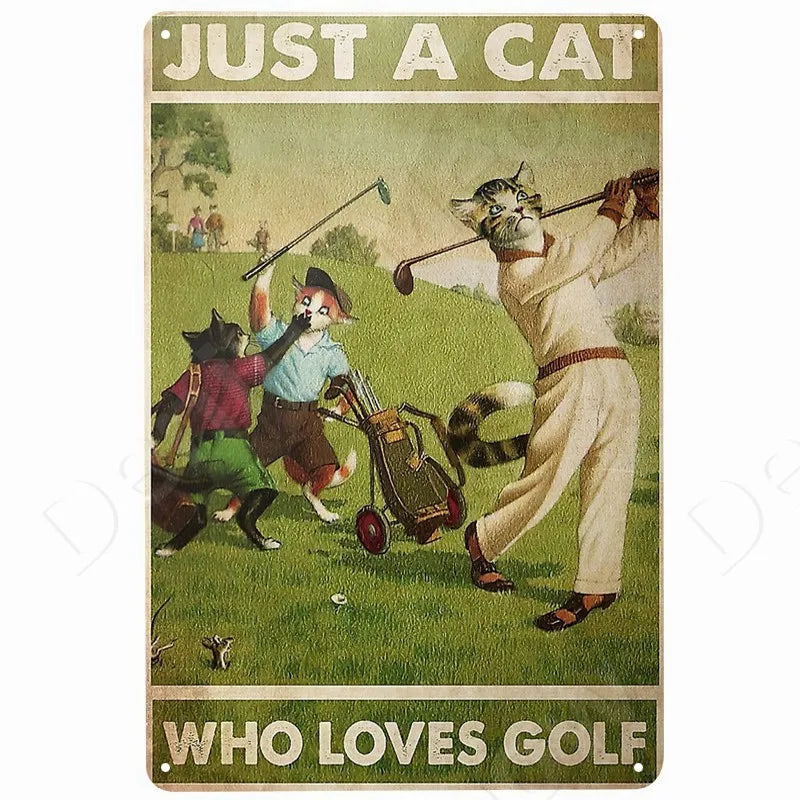 Happy Retro Tin Sign Tuxedo Cat Metal Sign Golfing Cat Plaque Poster Home Cafe Bar Bathroom Wall Decor