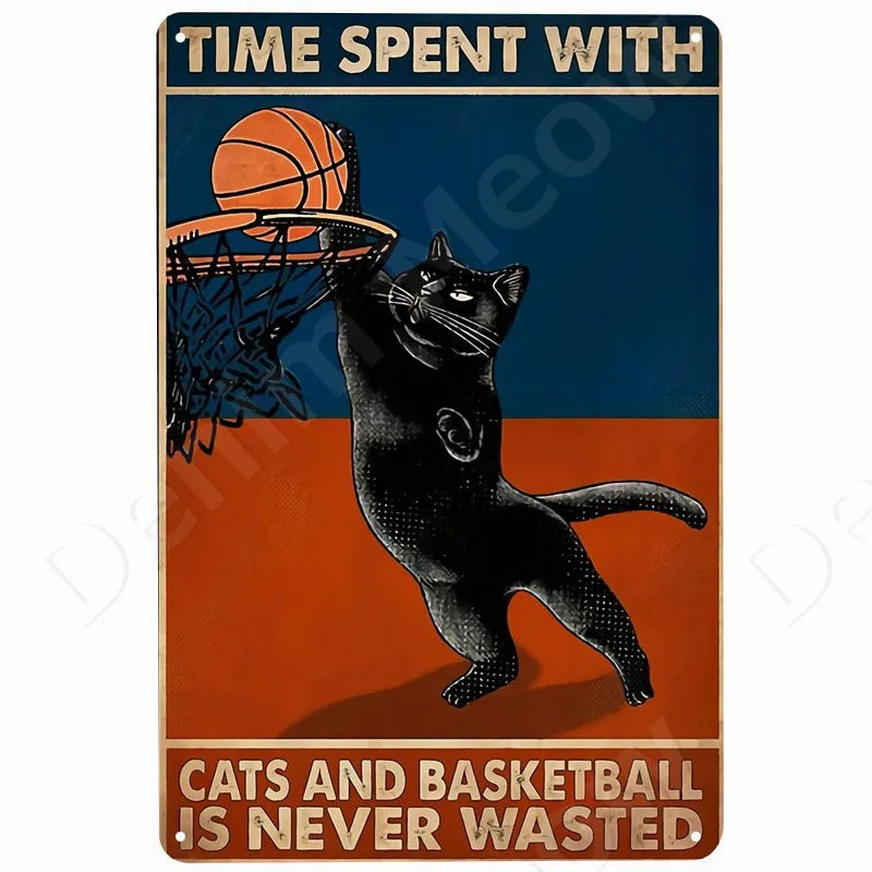 Happy Retro Tin Sign Tuxedo Cat Metal Sign Golfing Cat Plaque Poster Home Cafe Bar Bathroom Wall Decor
