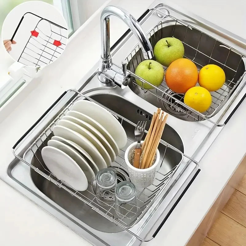 Space Aluminum Kitchen 1pc Retractable Sink Drain Rack Sink Dish Drain Rack Expandable Adjustable Vegetable Fruit Washing Basket Kitchen AccessoriesSink Organizer Sponge Soap Storage Rack Hanging Drain Holder Basket