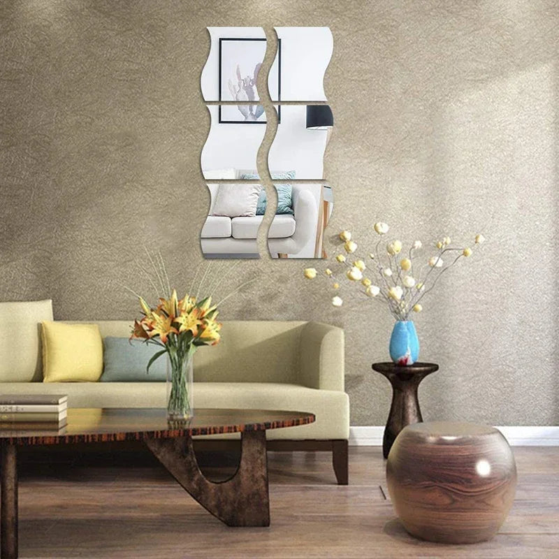 Adhesive Acrylic Mirror Wall Sticker DIY Art Mirror Creative Wave Shape Bathroom Living Room Decor
